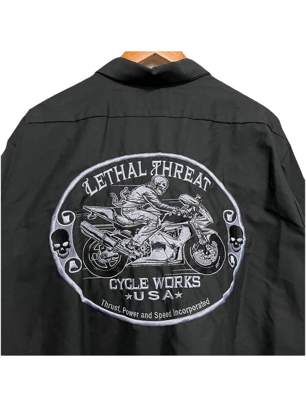 Lethal Threat Motorgear XXL Black Button Front Skull Embroidered Work Shirt USA